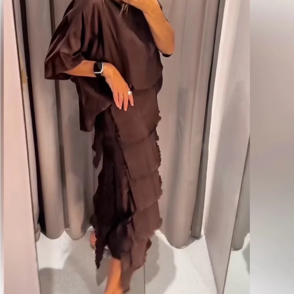 Zara Brown Layered Ruffle Maxi Dress - Picture 6 of 7